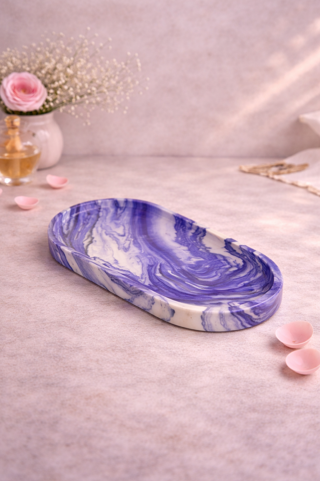 Plateau décoratif en Jesmonite marbré bleu – Objet déco fait main