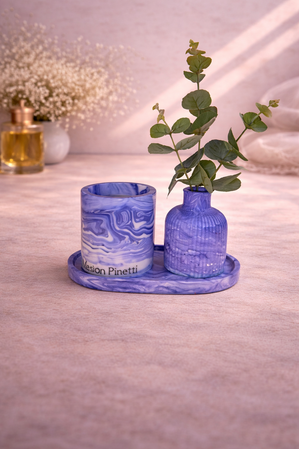 Plateau décoratif en Jesmonite marbré bleu – Objet déco fait main