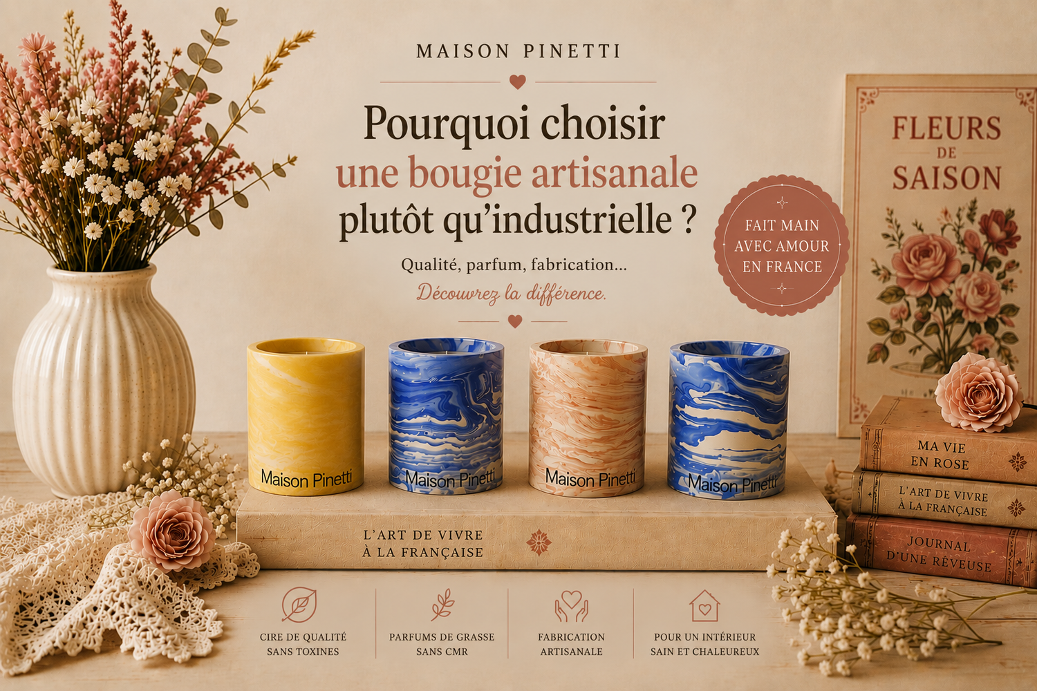 Bougies artisanales Maison Pinetti dans une ambiance vintage et chaleureuse